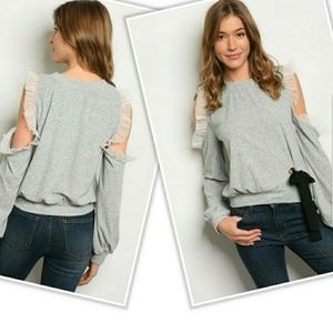 Gray Long sleeve cold shoulder ruffle detail top